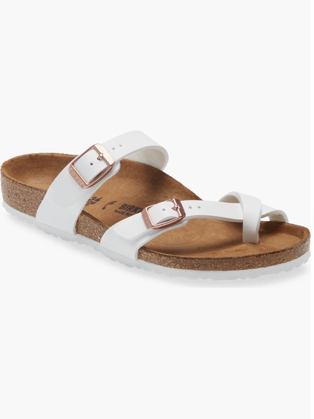 Birkenstock Miyari White Kids Sandals with Cork Footbed and Rose Gold Buckles - Picture 3 of 7
